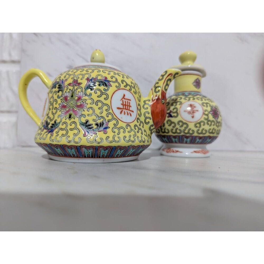 Vintage Mun Shou Longevity Teapot & Soy Sauce Bottle Yellow Dragon Porcelain Mad